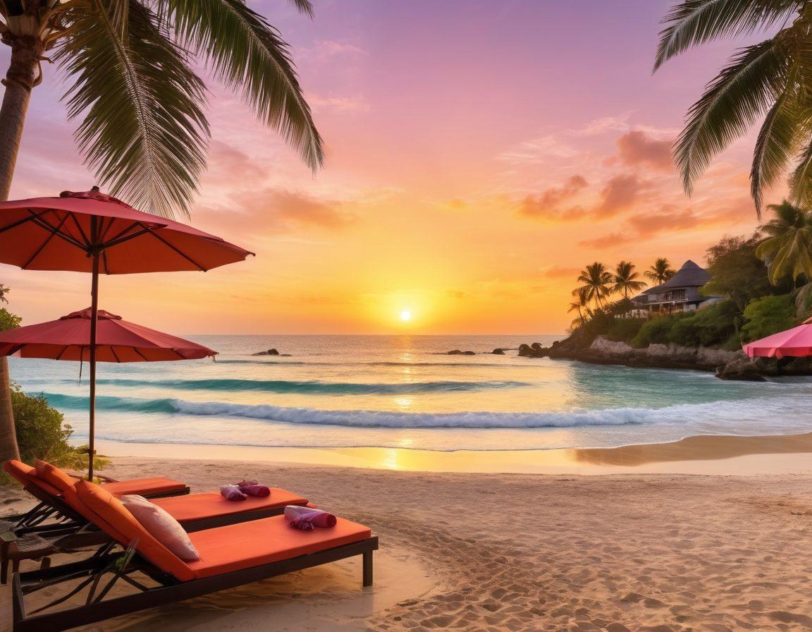 A stunning beachside view showcasing a blend of luxurious villas and cozy family-friendly bungalows, surrounded by palm trees and golden sand. Incorporate vibrant beach umbrellas, children playing in the surf, and adults relaxing with cocktails. The sky is a brilliant sunset of oranges and pinks, symbolizing a perfect vacation. Elements of upscale design meet a warm, inviting atmosphere. super-realistic. vibrant colors.