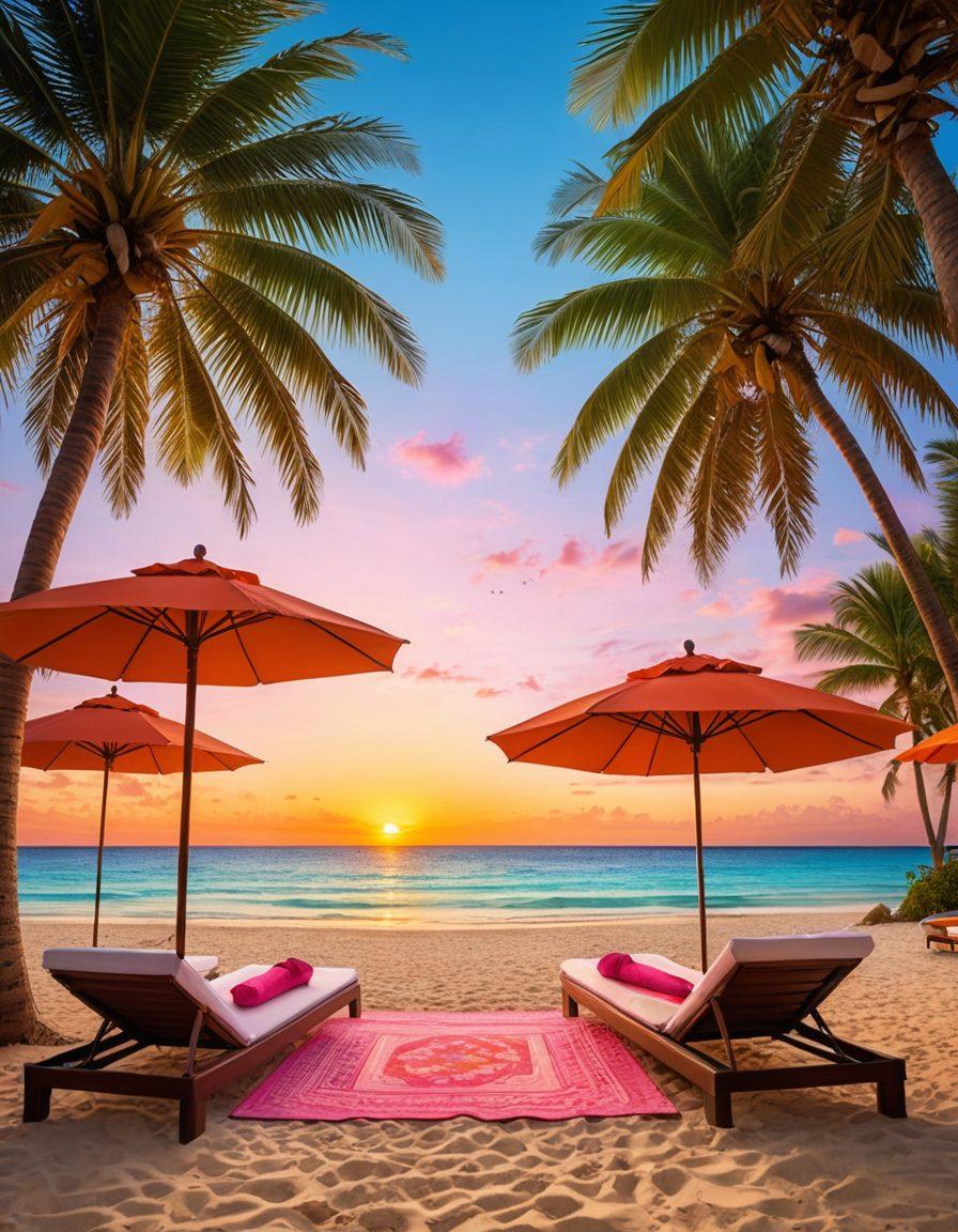 A picturesque beach scene showcasing a variety of vibrant bikini resorts with luxurious cabanas, colorful umbrellas, and crystal-clear turquoise waters. Include diverse travelers enjoying sunbathing, swimming, and sipping cocktails while surrounded by tropical palm trees and stunning sunsets. The image should evoke a sense of relaxation and adventure, capturing the essence of the ultimate escape. super-realistic. vibrant colors. tropical paradise.