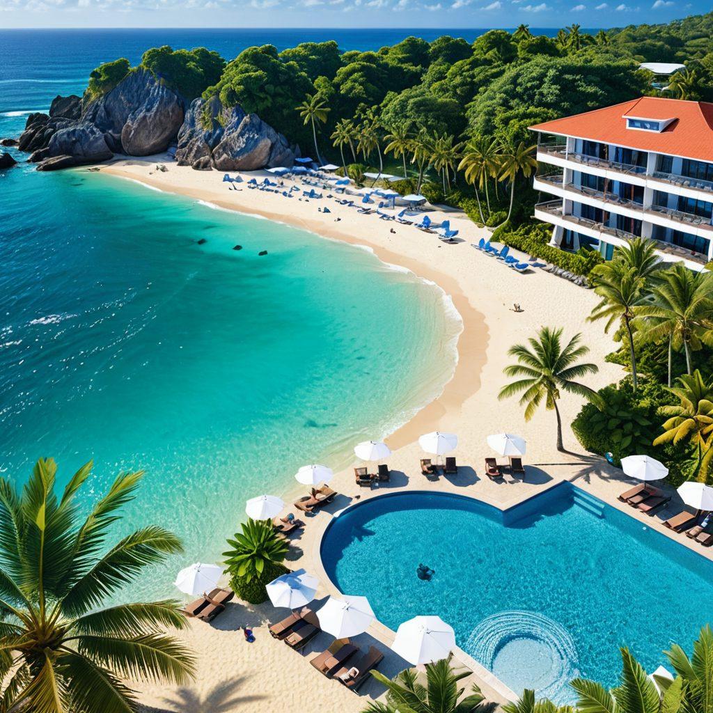 A stunning beachside view showcasing 10 luxurious bikini hotels nestled along a pristine shoreline. Each hotel features unique architectural styles, vibrant beachfronts with palm trees, and inviting swimming pools. Sunny skies and crystal-clear waters create a perfect summer atmosphere, while cheerful guests relax and enjoy the scenery. Bright, tropical colors add energy to the scene. super-realistic. vibrant colors. 3D.